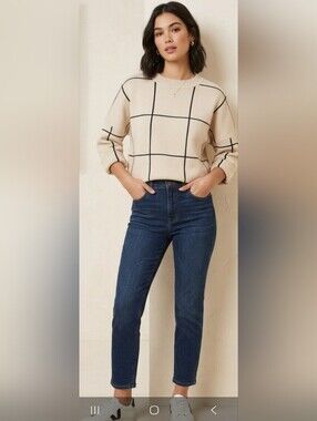 Chicwish Cream Crewneck Sweater with Black Windowpane Grid
